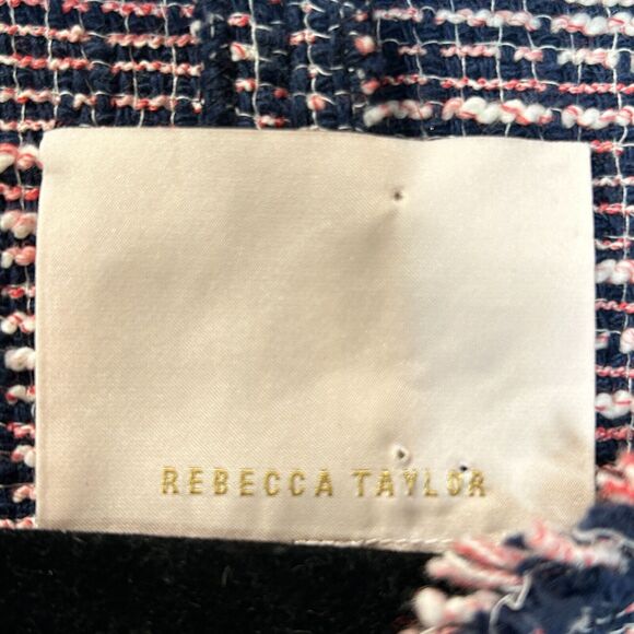 Rebecca Taylor Tweed Open Front Blazer Frayed Trim Navy w/ Pink & White Small - Picture 3 of 11